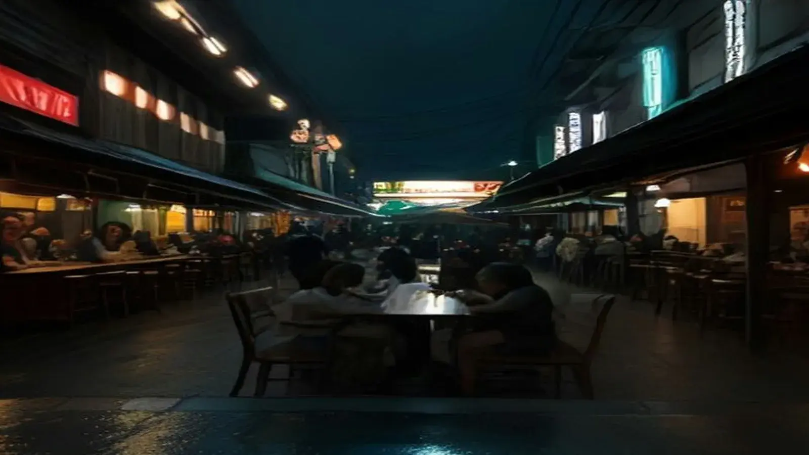 Illustrative scene: a rain-soaked bar lane in the Soi Buakhao and LK Metro area at night, with visitors sitting at covered tables under awnings while neon and warm lights reflect on the wet pavement.
