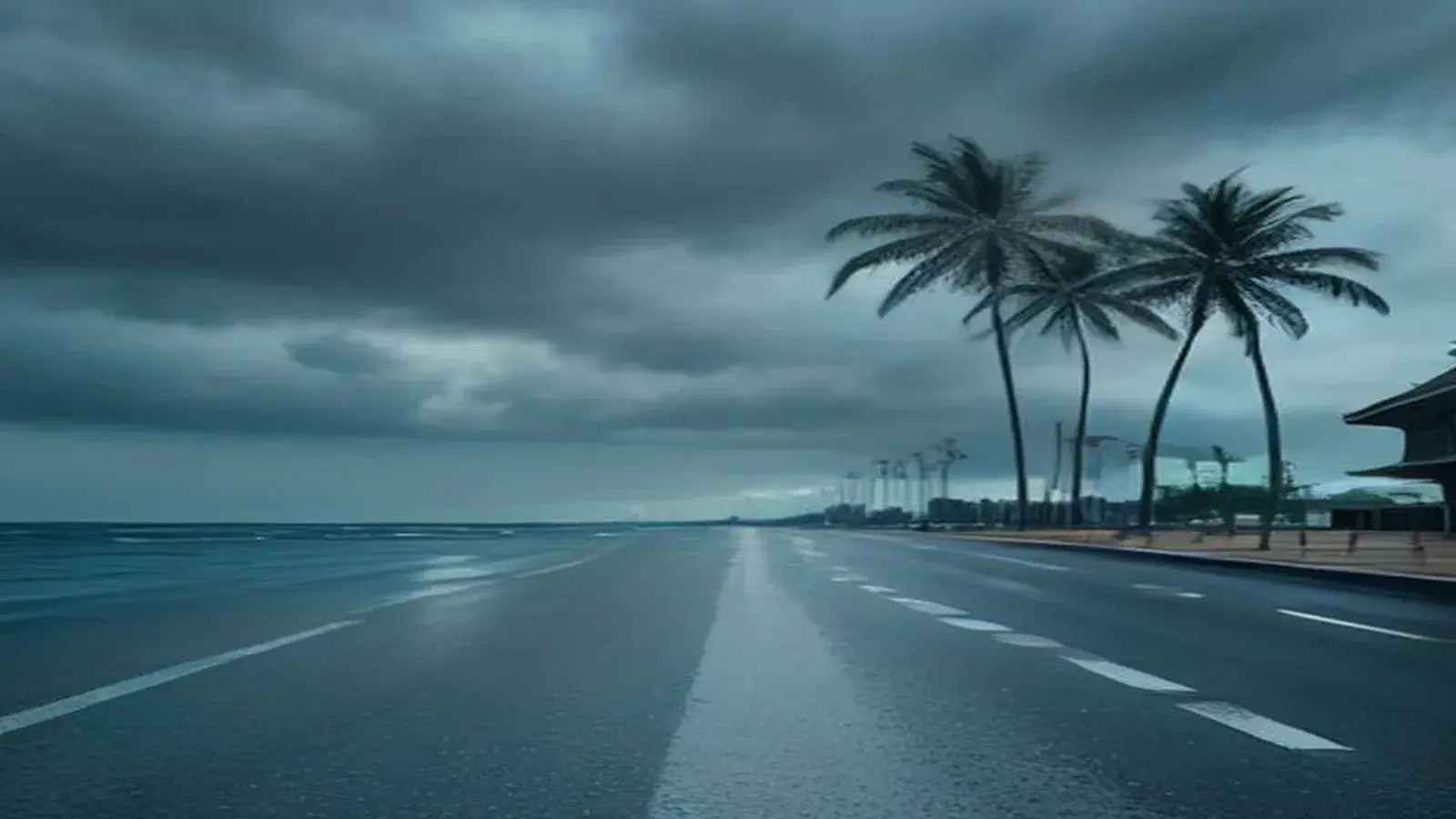 Illustrative scene: dark thundershower clouds roll over Pattaya Bay as the wind bends palms along a rain-wet Beach Road seafront, matching today's TMD forecast of scattered storms and isolated heavy rain for Chon Buri.