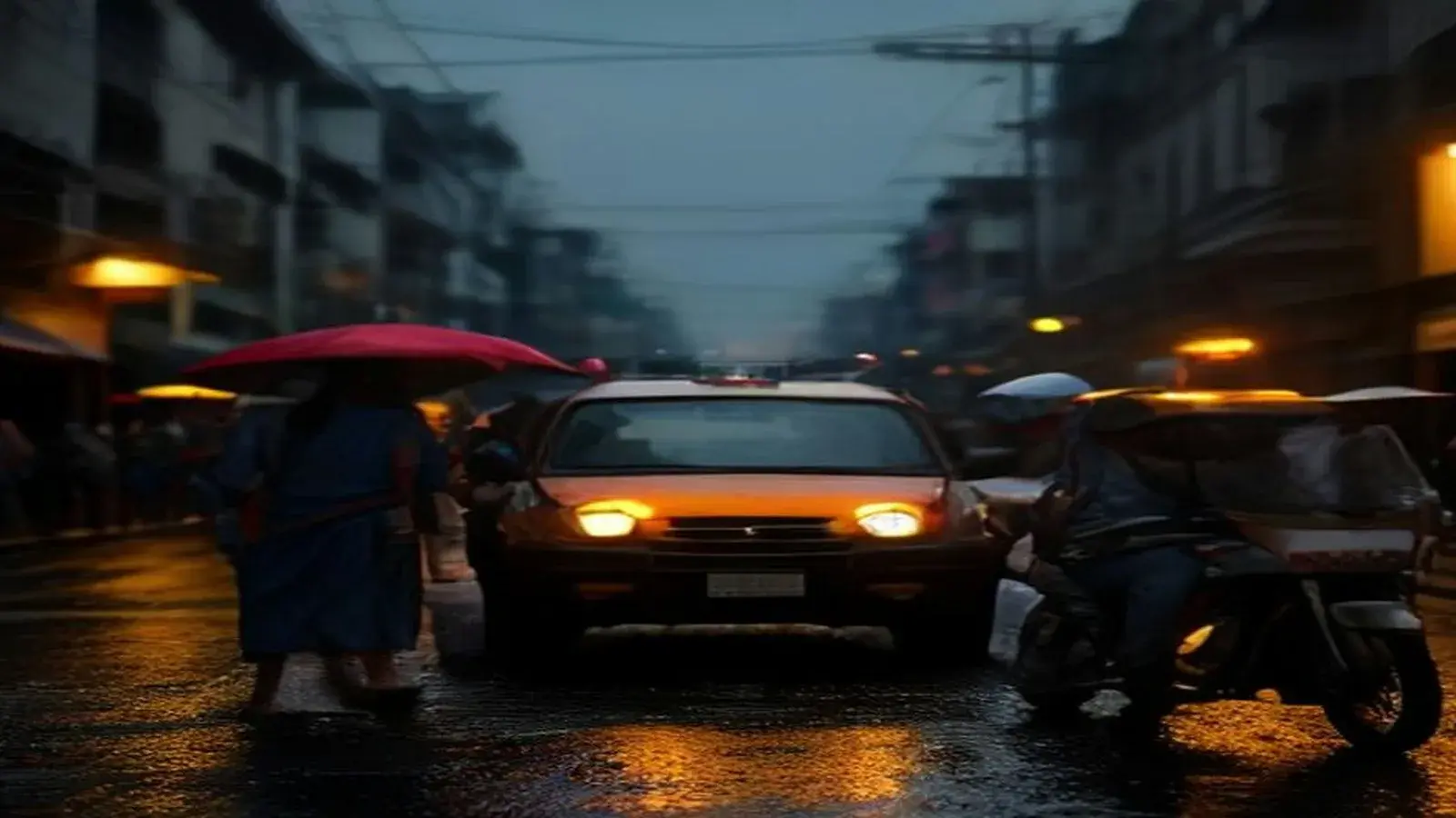 Illustrative scene: a pedestrian under a red umbrella, a car with its headlights on and a motorbike rider share a rain-soaked Pattaya street at dusk, with shop lights reflecting off the wet road surface.
