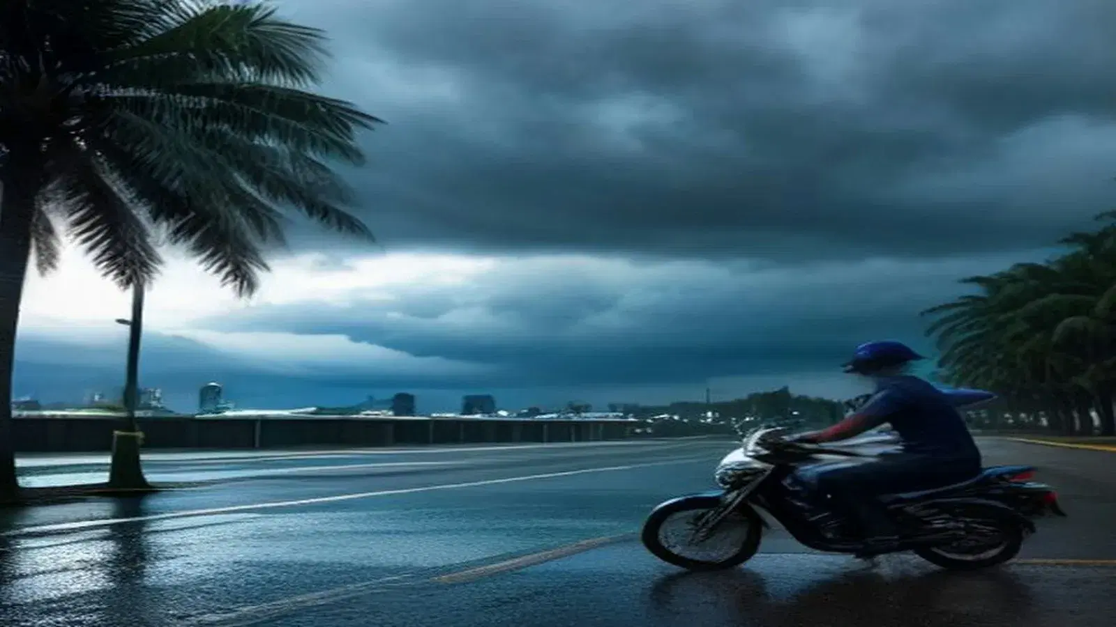 Illustrative scene: a motorcycle taxi rider in a blue vest and helmet heads along a rain-wet Pattaya Beach Road under heavy dark thunderclouds, palm trees bending over the seafront and the bay skyline fading into grey, matching today's TMD thundershower warning for Chon Buri.