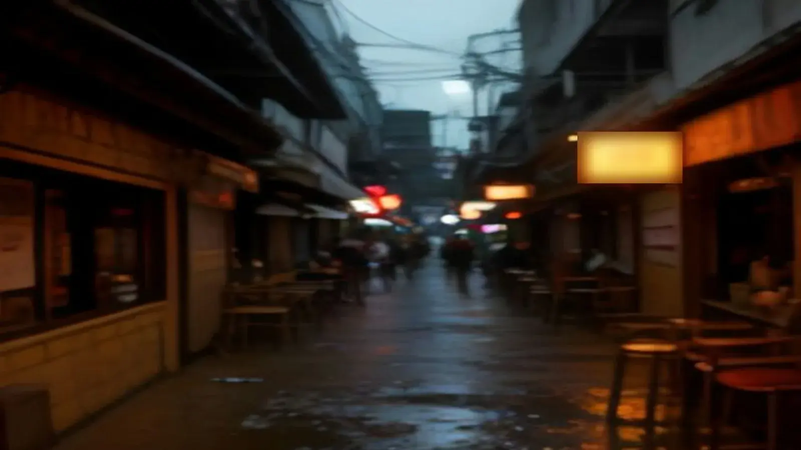 Illustrative scene: a narrow bar soi in Pattaya on a wet Monday evening, with empty stools and tables tucked under shop awnings, warm amber lights glowing on the puddled pavement and a few people walking under cover further down the lane.