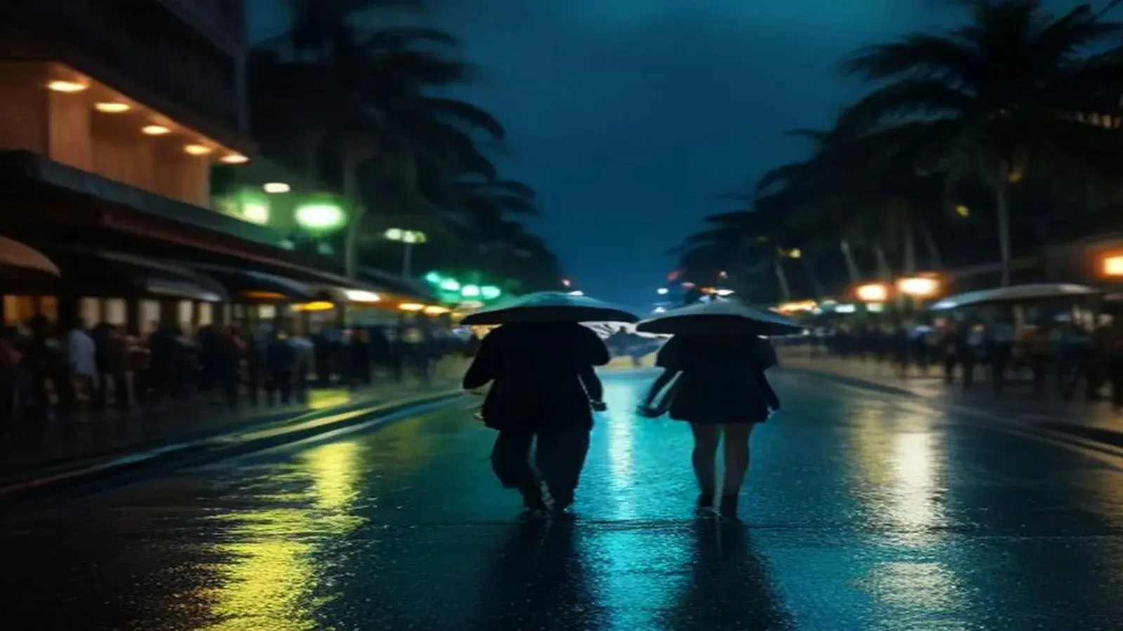 Illustrative scene: Pattaya Beach Road at night in light drizzle, with two people walking under umbrellas along the wet, reflective seafront road past palm trees, glowing shopfronts and evening crowds sheltering under awnings.