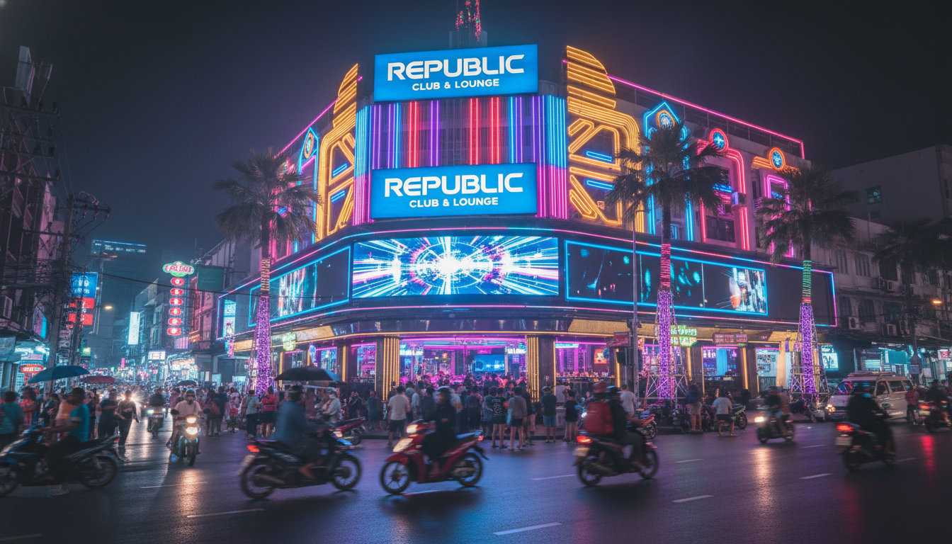 Neon lights and energetic dance floor at Republic Club & Lounge