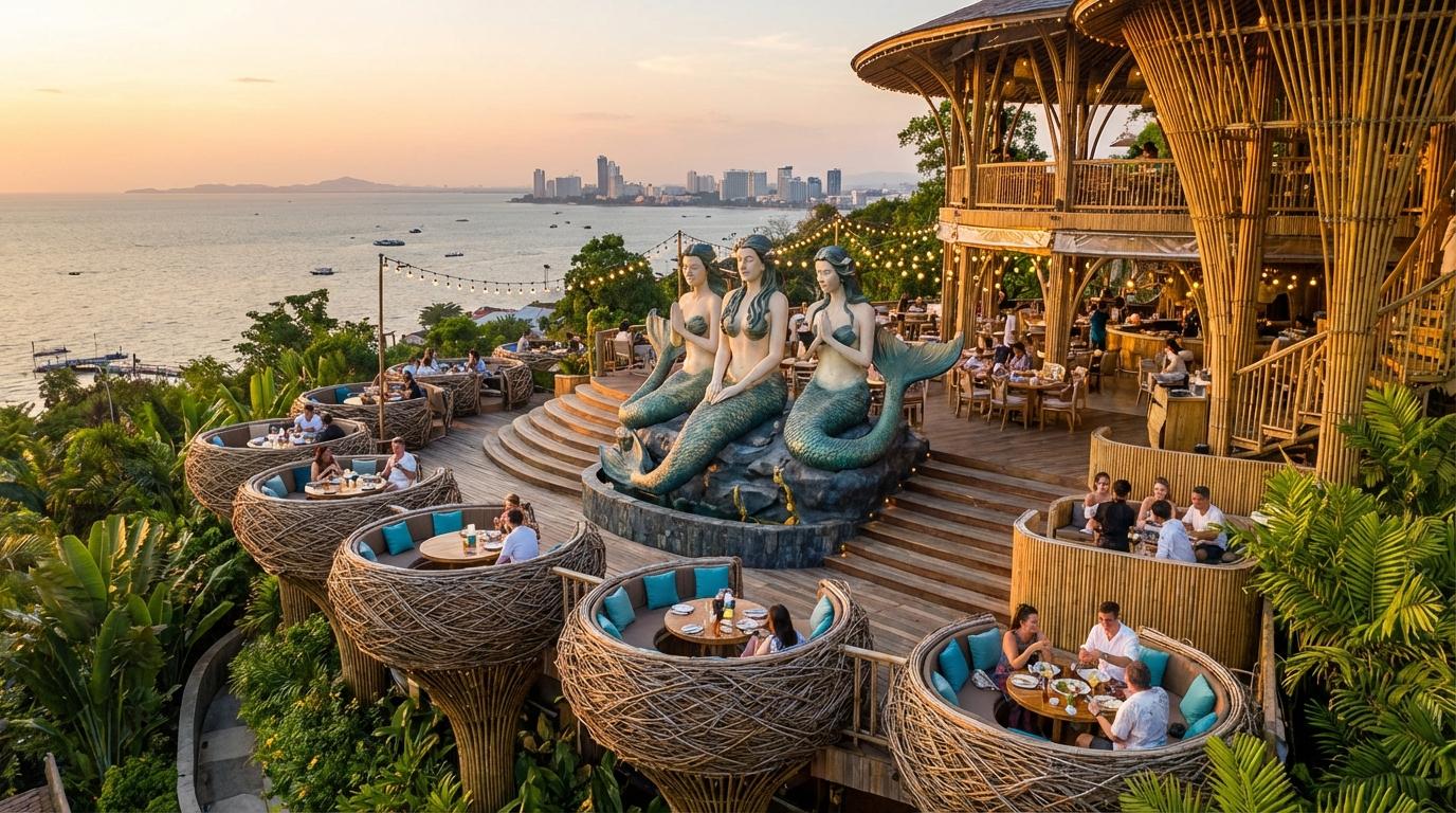 Stunning seaside view at sunset from a coastal restaurant in Thailand