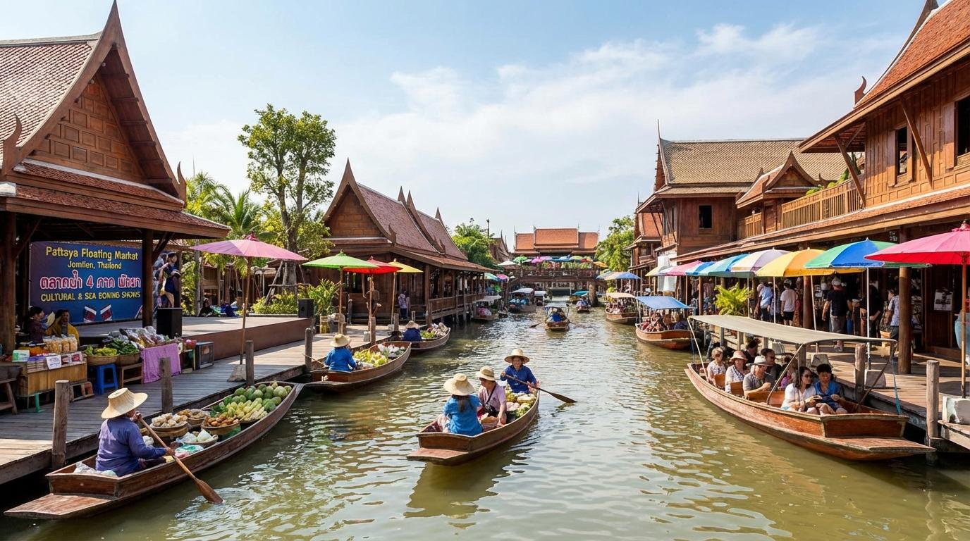 Traditional wooden structures over water at Pattaya Floating Market