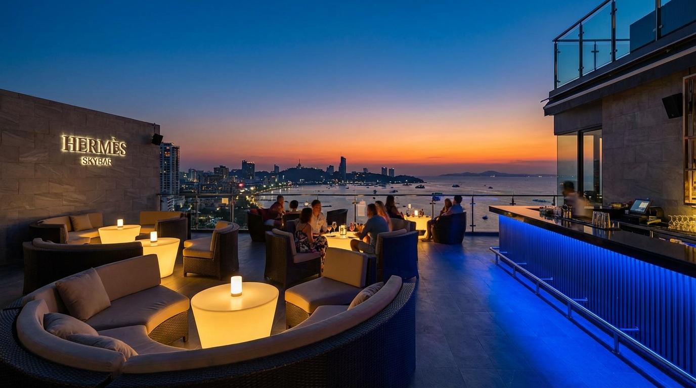 Sophisticated evening ambiance representing Hermes Skybar at Elysium Pratumnak
