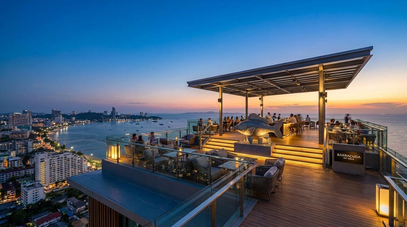 Vibrant rooftop lounge setting reminiscent of Barracuda Sky Gala