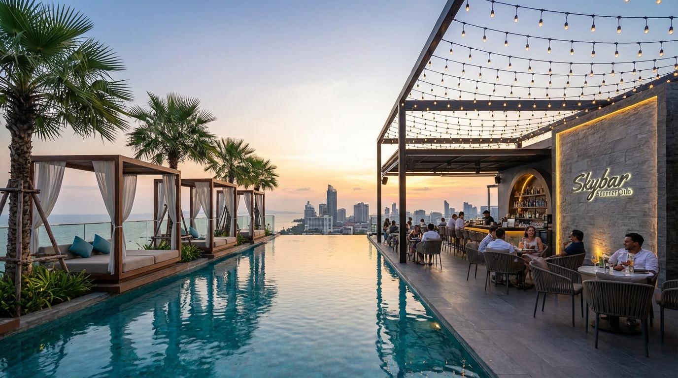 Tropical poolside rooftop bar vibes at Skybar Summer Club