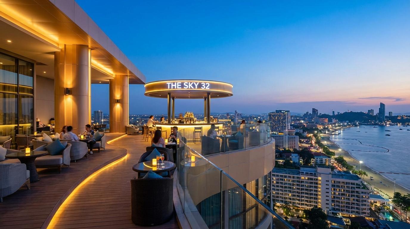 A towering view of the Pattaya Skyline, home to high-altitude bars like The Sky 32