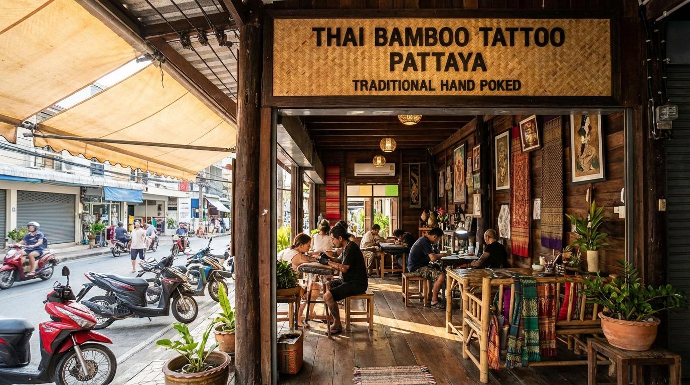 Authentic traditional Sak Yant bamboo tattoo being performed in Thailand