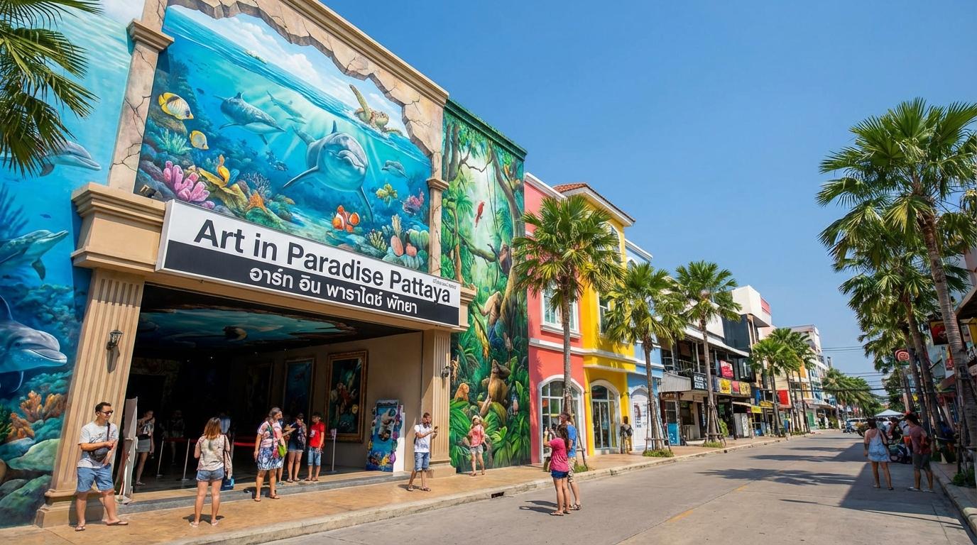 Visitors interacting with a 3D illusion painting at Art in Paradise