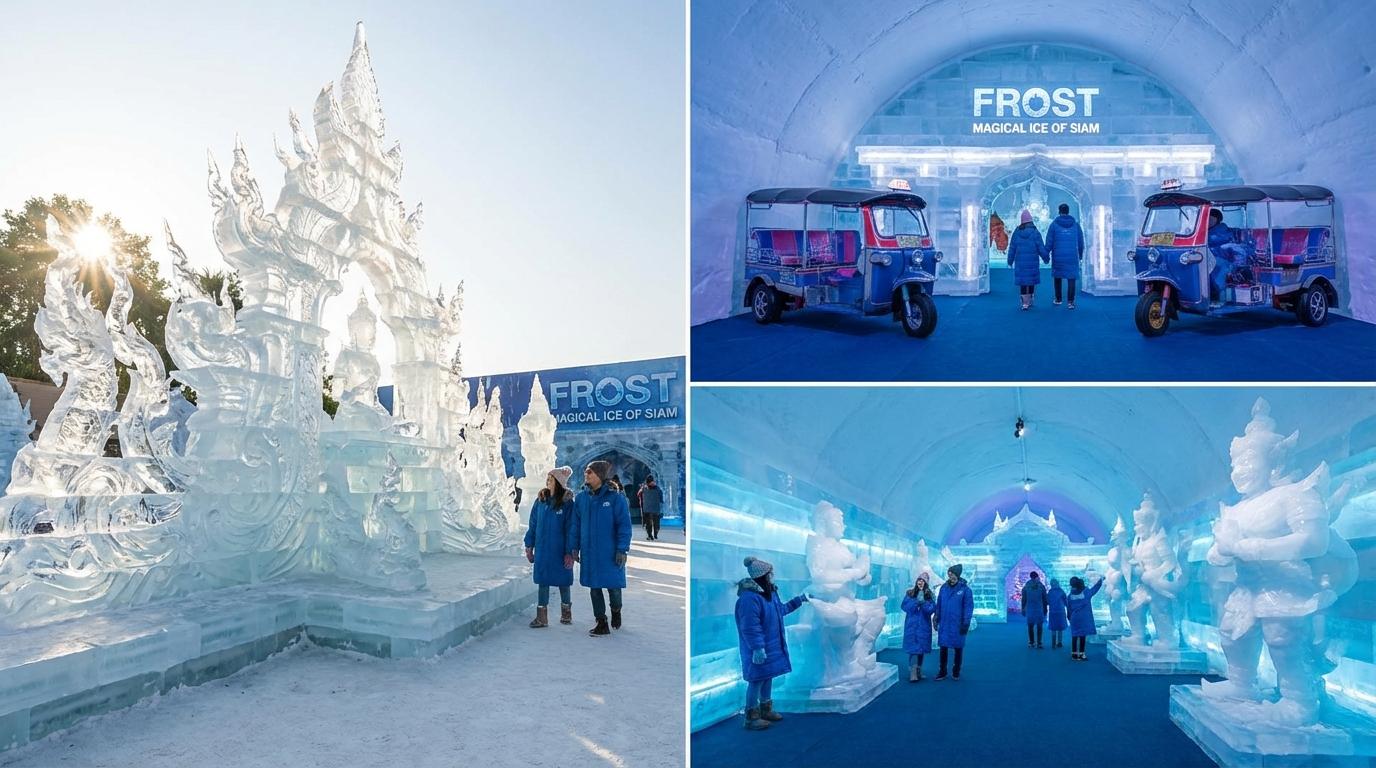 Giant white sand sculptures and ice carvings at Frost Magical Ice of Siam