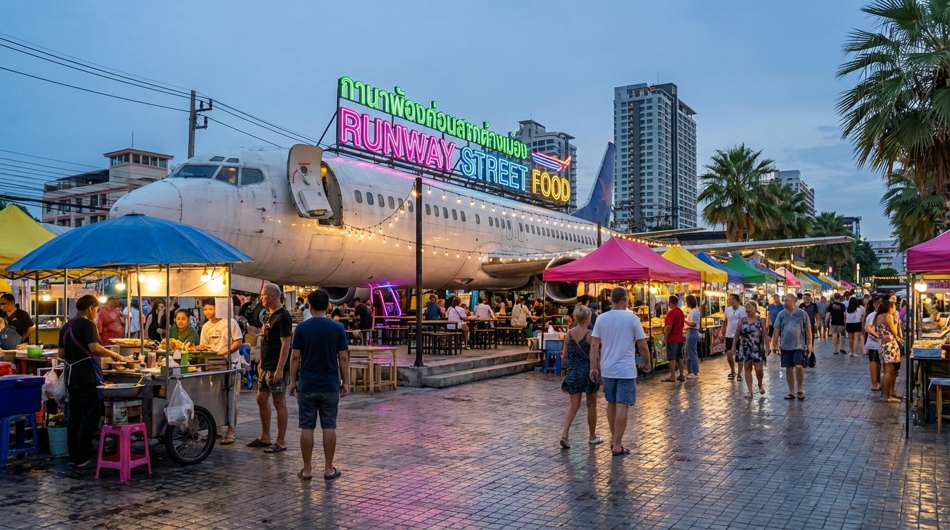 Pattaya street life with neon lights and bustling food vendors