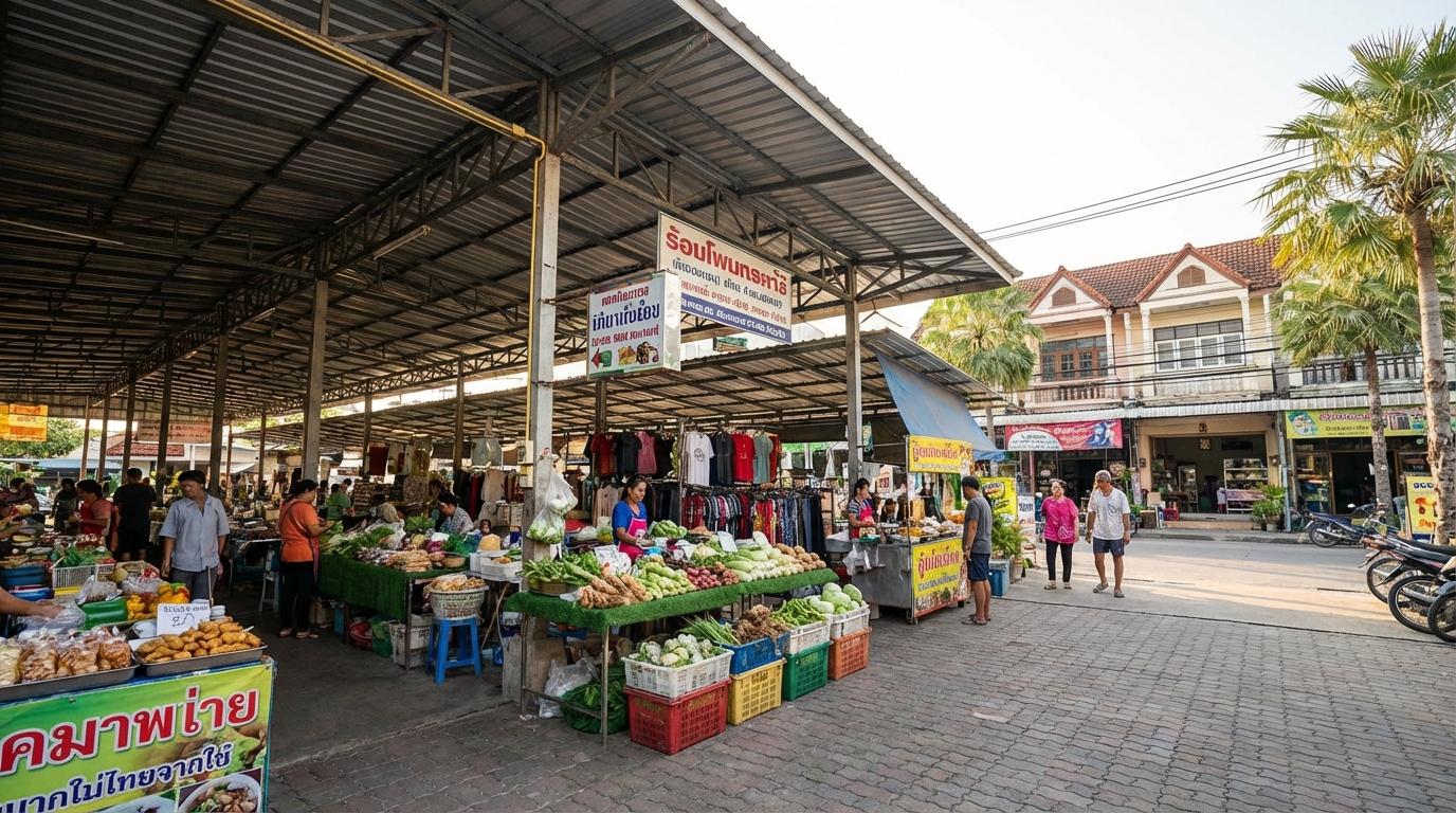 Local market with fresh fruits, vegetables, and food stalls