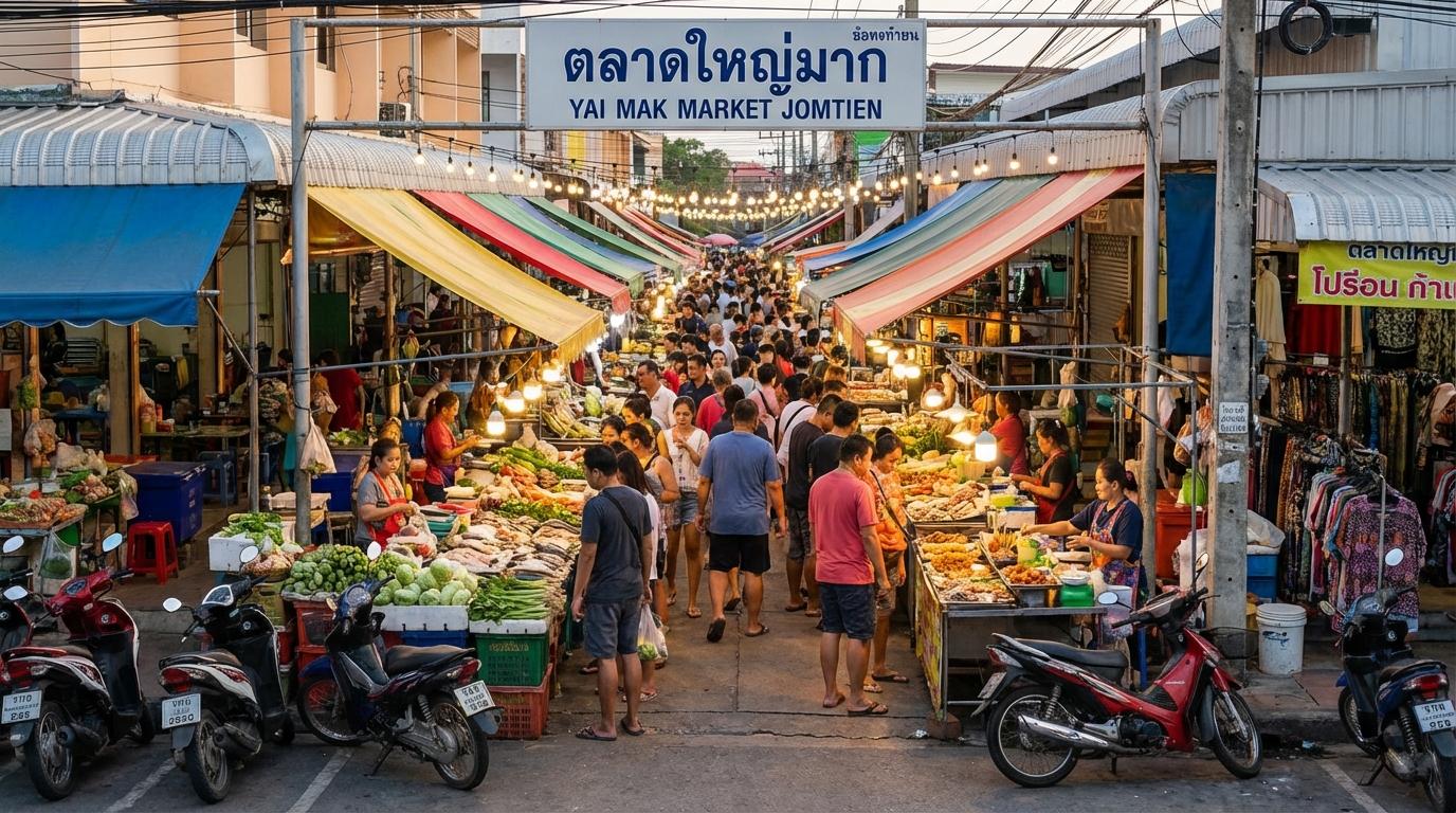 View of the bustling Yai Mak Market area in Jomtien